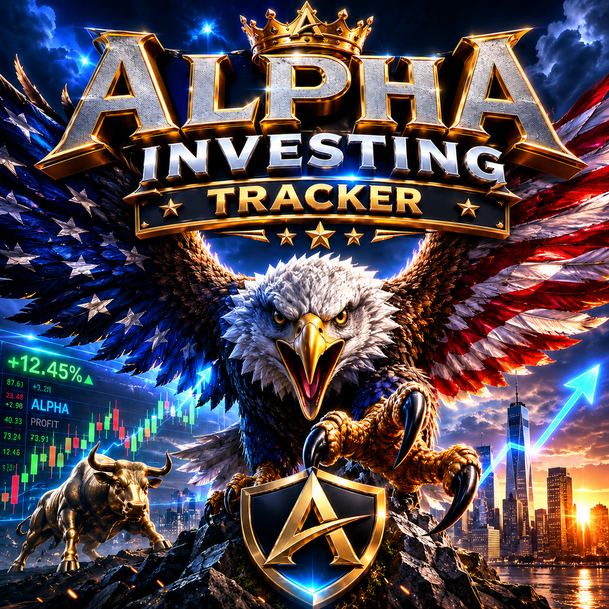 Alpha Investing Tracker eagle artwork with market imagery